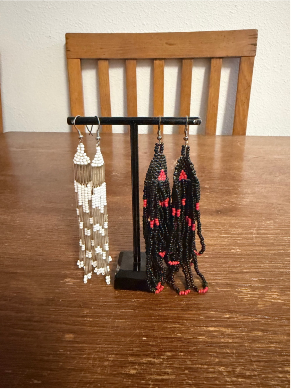 2 Pair Long Seed Bead Fringe Earrings Black Red White Bugle Bead Boho Artisan